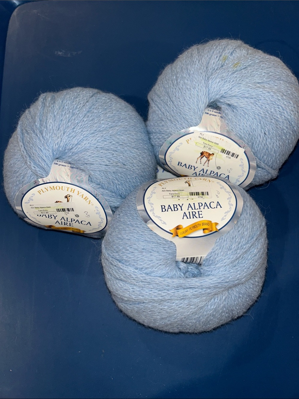 Plymouth Yarn Baby Alpaca Aire.  Color #5040 Blue, 3 Skein Lot